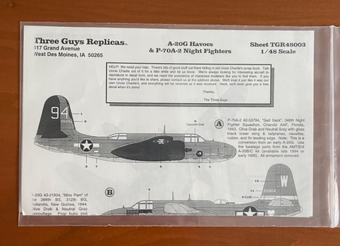 TGR Decals 1:48 #48003 A-20G & P-70 Havocs for AMT Ertl, etc