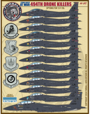 Furball 1/48 decals - 13 options for F-15E 494th Drone Killers - 48-093